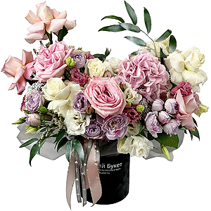 Pink Hydrangea - 1, Peony rose pink 'OHara' - 3, Rose Cream 50 cm - 6, White rose 50 cm - 9, Spray peony rose Lavander, 50 cm - 4, lisianthus - 3, Pink Lisianthus (Eustoma) - 3, Pink Lisianthus (Eustoma) - 4, Round flower box small , Oasis, Ruscus italian, Ozotamnus, Ribbon