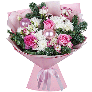 Pink rose 50 cm - 5, Baltica White Spray Chrysanthemum - 3, Pink Lisianthus (Eustoma) - 3, Spruce branches (1pc.), Christmas decor (set), Wrapping Paper