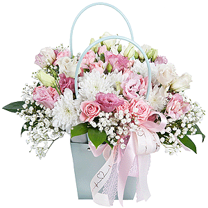 Gypsophila - 1, Baltica White Spray Chrysanthemum - 3, Bright pink spray rose mix, 50 cm - 2, Pink Lisianthus (Eustoma) - 2, Pink spray carnation - 3, Flower bag, Oasis, Ruscus, Ribbon
