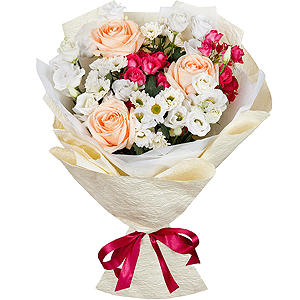 Rose Cream 50 cm - 5, Bright pink spray rose mix, 50 cm - 2, Santini White Spray Chrysanthemum - 4, lisianthus - 3, Wrapping Paper