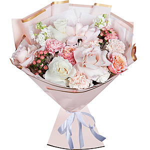 Rose Pink 50 cm Ecuador (Chelo, Hermosa, Novia, Titanik, Engagement, Pink Mondiale) - 4, White rose 50 cm Ecuador - 3, Peony rose Kahala 50 cm - 4, Pink carnation - 5, White Matthiola - 4, Baltica White Spray Chrysanthemum - 2, Carnation white, cream - 4, Hypericum, Wrapping Paper, Ribbon