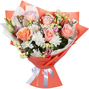 Baltica White Spray Chrysanthemum - 2, Pink Lisianthus (Eustoma) - 2, Peony rose Kahala 50 cm - 9, Waxflower (1 pc.), Yellow Statice, Wrapping Paper