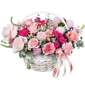 Matthiola Lilac - 2, Chamomile - 2, Bright pink spray rose mix, 50 cm - 4, Spray peony rose Lavander, 50 cm - 2, Momoko Chrysanthemum - 4, Pink carnation - 4, Rose Pink 50 cm Ecuador (Chelo, Hermosa, Novia, Titanik, Engagement, Pink Mondiale) - 12, Carnation white, cream - 3, Medium Basket, Oasis, Wrapping Paper, Ribbon, Eucalyptus Cinerea, Veronica spray