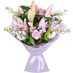 Pink lily - 2, Alstromeria white, soft pink - 3, Pink rose 50 cm - 4, White Matthiola - 4, Pink Statice, Ruscus, Wrapping Paper