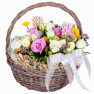Pink Hyacinth - 2, Spray rose: white, cream, light pink 50 cm - 2, Pink rose 50 cm - 5, Santini Yellow Spray Chrysanthemum - 2, Medium Basket, Oasis, Sisal, Ribbon, Easter cake, Easter eggs (3 pc.), Limonium (1 pc.), Pistachio