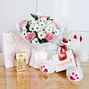 Bacardi White Spray Chrysanthemum - 5, Pink rose 50 cm - 7, Salal, Wrapping Paper, Ribbon, Present bag, Сhocolate box Merci, Tea 100g, Taddy Bear 45 cm