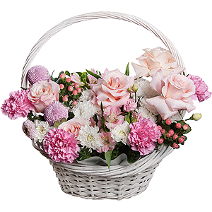 Pink carnation - 8, Baltica White Spray Chrysanthemum - 4, Rose Pink 50 cm Ecuador (Chelo, Hermosa, Novia, Titanik, Engagement, Pink Mondiale) - 5, Alstromeria white, soft pink - 4, Momoko Chrysanthemum - 4, Pink Lisianthus (Eustoma) - 2, Medium Basket, Oasis, Hypericum