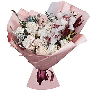 White Cymbidium Orchid Bud - 5, White rose 50 cm Ecuador - 5, Spray rose: white, cream, light pink 50 cm - 3, Baltica White Spray Chrysanthemum - 3, Carnation white, cream - 5, lisianthus - 1, White Matthiola - 1, Leukodendron, Veronica spray, Pistachio, White statice, Waxflower (1 pc.), Wrapping Paper