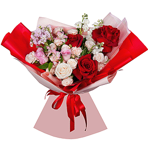 Rose Red 50 cm Ecuador - 3, White Matthiola - 2, Carnation white, cream - 6, Alstromeria white, soft pink - 5, Peony sprayrose - 3, Pink rose 50 cm - 4, White rose 50 cm - 4, Pink Matthiola - 2, Wrapping Paper