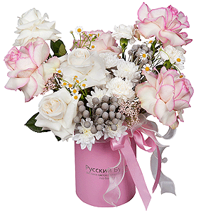 Rose Esperance - 6, White rose 50 cm Ecuador - 5, Chamomile - 2, Baltica White Spray Chrysanthemum - 1, Carnation white, cream - 7, Round flower box small , Brunia Green Lanuginosa (1 pc.), Ozotamnus, Wrapping Paper, Oasis
