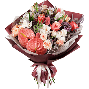 Spray rose: white, cream, light pink 50 cm - 7, Alstromeria white, soft pink - 3, Lilac carnation - 3, Pink cut anthurium - 2, White rose 50 cm - 4, Peony rose Kahala 50 cm - 5, Veronica spray, Eucalyptus populus (1 pc.), Dried flowers decor, Wrapping Paper