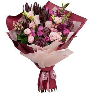 Pink Lisianthus (Eustoma) - 2, Matthiola Lilac - 3, Bright pink spray rose mix, 50 cm - 4, Pink rose 50 cm - 4, Lilac carnation - 4, Leukodendron, Hypericum, Aspidistra (1 pc.), Wrapping Paper