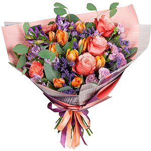 Alstromeria lilac, purple - 5, Orange tulip - 11, Pink spray carnation - 4, Orange carnation - 3, Peony rose Kahala 50 cm - 5, Limonium (1 pc.), Eucalyptus populus (1 pc.), Wrapping Paper, Ribbon