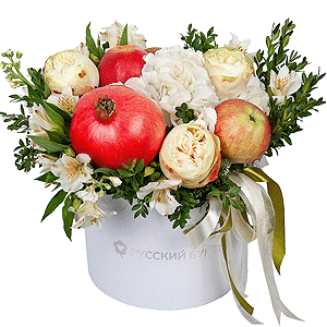 Peony style roses - 3,  White Hydrangea - 1, Alstromeria white, soft pink - 9, White Matthiola - 1, Pistachio, Apple, 1 pc., Pomegranate, Round flower box medium, Oasis, Ribbon, Wooden skewer