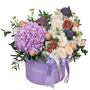 Blue/purple hydrangea - 1, White Matthiola - 7, Peony sprayrose - 3, Baltica White Spray Chrysanthemum - 4, Round flower box medium, Oasis, Eucalyptus parvifolia (1 pc.), Walnut (10 pieces), Fig, Wooden skewer, Ribbon