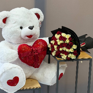Gift Set "Blazing Heart" with roses and a soft teddy bear with delivery Belgorod