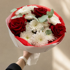 Bouquet "Burgundy Sunset" with Burgundy Roses and White Chrysanthemums with delivery Moscow