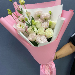 Marshmallow Bouquet with White Roses and Pink Lisianthus with delivery Kursk