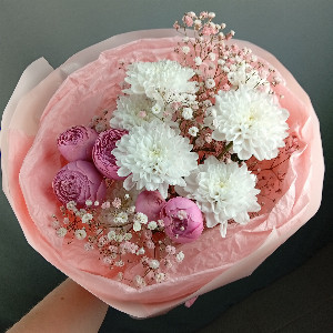 Pink Watercolor Bouquet with Spray Rose, Chrysanthemum and Gypsophila with delivery Chelyabinsk