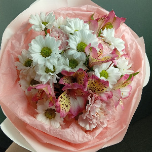 Blooming Kaleidoscope Bouquet with Alstroemerias, Chrysanthemums and Carnations with delivery Chelyabinsk