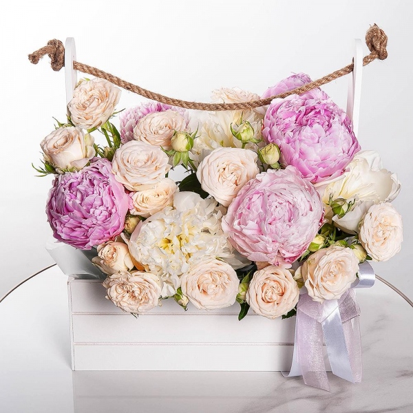 Peony pink - 3, Peony white - 4, Spray rose: white, cream, light pink 50 cm - 9, Wooden pot, Oasis, Ribbon