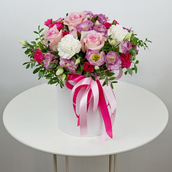 Carnation white, cream - 6, Pink Lisianthus (Eustoma) - 7, Pink spray carnation - 5, Pink rose 50 cm - 5, Round flower box small , Oasis, Film, Pistachio, Ribbon