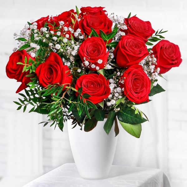 Gypsophila - 2, Red rose 50 cm - 17, Ribbon, Pistachio