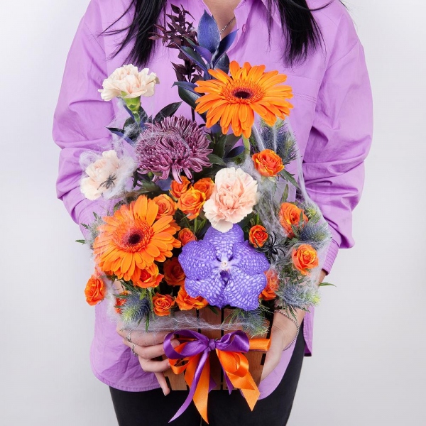 Gerbera daisies - 2, Chrysanthemum Bigoudi purple - 2, Spray rose: yellow, orange 50 cm - 3, Vanda Orchid bud - 2, Carnation white, cream - 5, Wooden pot, Oasis, Ruscus, Pistachio, Flask for orchids, Eryngium, Dried flowers decor, Decorative element small, Ribbon