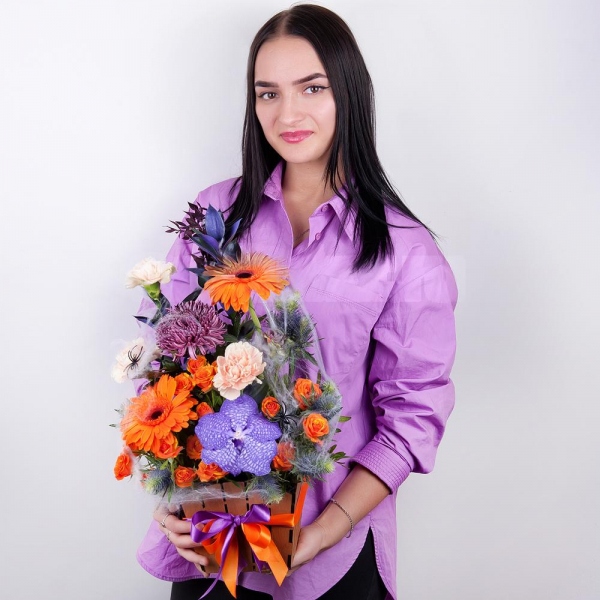 Gerbera daisies - 2, Chrysanthemum Bigoudi purple - 2, Spray rose: yellow, orange 50 cm - 3, Vanda Orchid bud - 2, Carnation white, cream - 5, Wooden pot, Oasis, Ruscus, Pistachio, Flask for orchids, Eryngium, Dried flowers decor, Decorative element small, Ribbon
