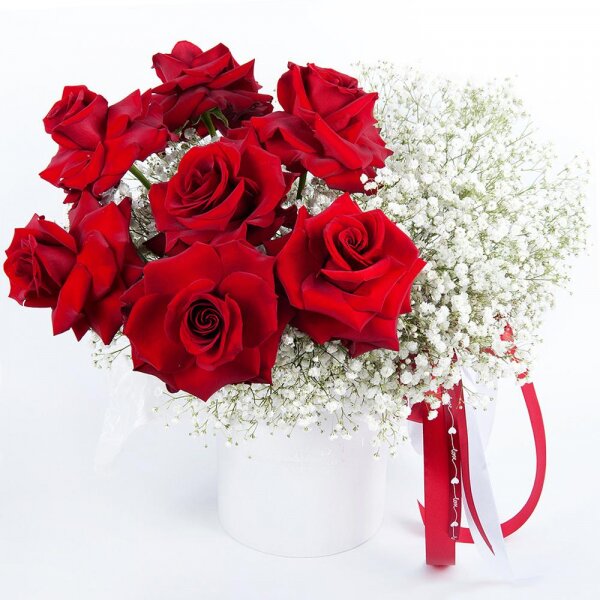 Rose Red 50 cm Ecuador - 9, Gypsophila - 8, Round flower box small , Oasis, Ribbon