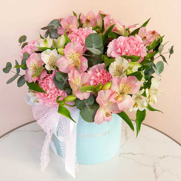 Pink carnation - 9, Alstromeria white, soft pink - 8, Round flower box small , Oasis, Ribbon, Eucalyptus