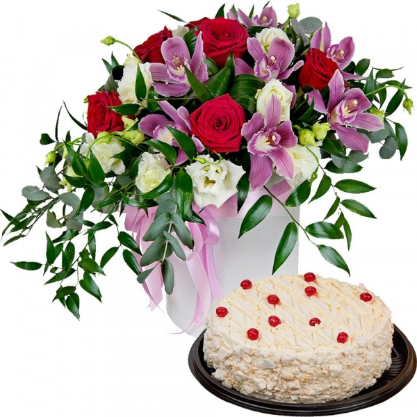 Red rose 50 cm - 10, Pink Cymbidium Orchid Bud - 10, lisianthus - 6, Round flower box medium, Film, Oasis, Eucalyptus Cinerea, Flask for orchids, Aspidistra (1 pc.), Cake in assortment, Ruscus italian, Ribbon