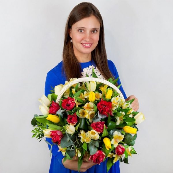 Alstromeria Yellow, Orange - 7, Red tulip - 13, Tulip white - 11, Yellow tulip - 6, Aspidistra (1 pc.), Eucalyptus Cinerea, Pistachio, Large Basket, Oasis, Film