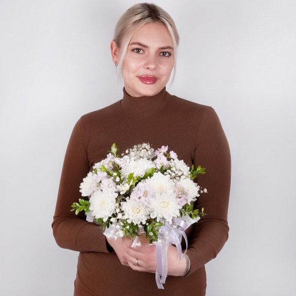 Baltica White Spray Chrysanthemum - 1, Gypsophila - 2, Matthiola Lilac - 2, Cardboard pot (cup), Oasis, Pistachio, Wrapping Paper