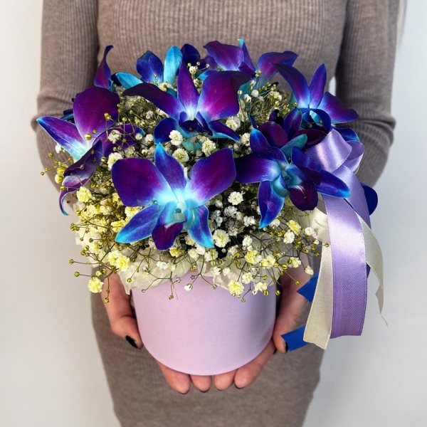 Gypsophila - 10, Orchid Dendrobium - 9, Flask for orchids, Oasis, Round flower box small , Ribbon