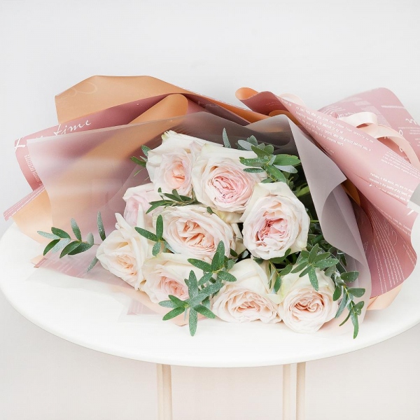 Peony style roses - 13, Eucalyptus parvifolia (1 pc.), Wrapping Paper, Ribbon