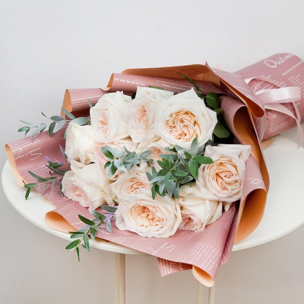Peony style roses - 15, Eucalyptus populus (1 pc.), Wrapping Paper, Ribbon