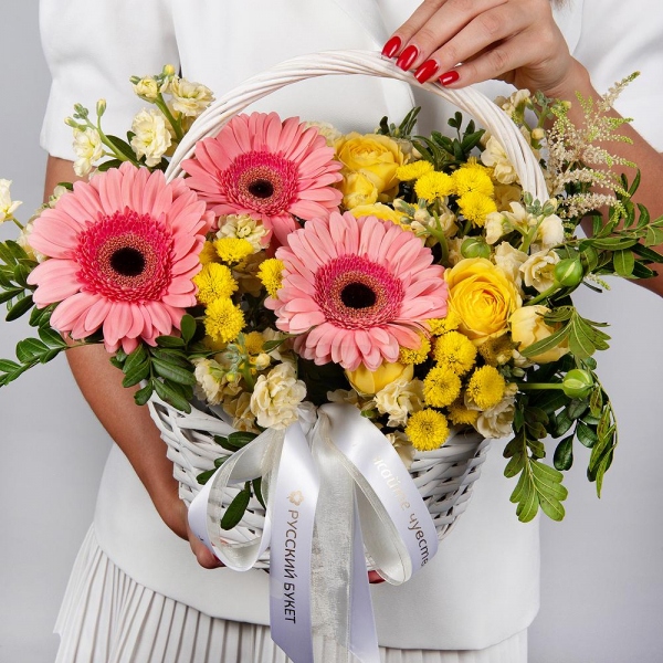 Gerbera pink - 7, Spray rose: yellow, orange 50 cm - 1, White Matthiola - 3, Santini Yellow Spray Chrysanthemum - 7, Small Basket, Oasis, Small Basket, Pistachio, Ribbon, Astilbe