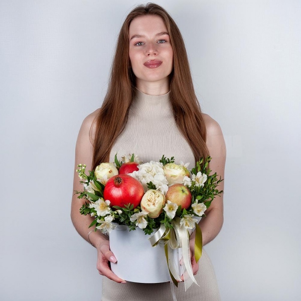 Peony style roses - 3,  White Hydrangea - 1, Alstromeria white, soft pink - 7, White Matthiola - 1, Pistachio, Apple, 1 pc., Pomegranate, Round flower box medium, Oasis, Ribbon, Wooden skewer
