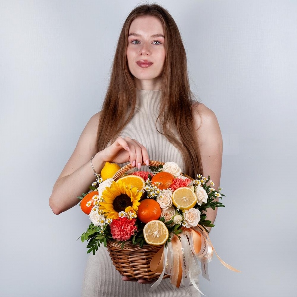 Peony sprayrose - 5, Sunflower - 1, Chamomile - 4, Pink carnation - 7, Small Basket, Oasis, Wrapping Paper, Pistachio, Orange, Tangerine, 1 pc., Lemon, 1 pc., Wooden skewer