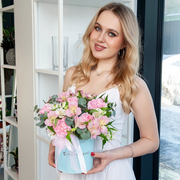 Pink carnation - 13, Alstromeria white, soft pink - 9, Round flower box small , Oasis, Ribbon, Eucalyptus