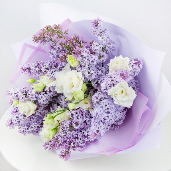 Lilac Bush - 6, lisianthus - 5, Wrapping Paper, Ribbon