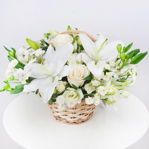 Lilies - 1, White rose 50 cm - 3, Spray rose: white, cream, light pink 50 cm - 2, Alstromeria white, soft pink - 3, lisianthus - 2, Athos poms Stallion - 3, Small Basket, Oasis