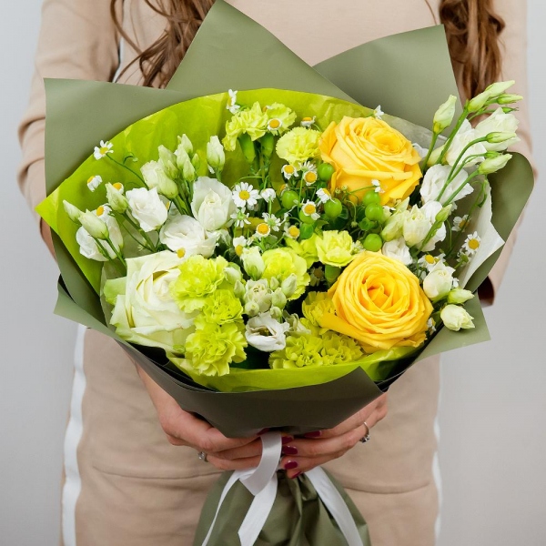 Yellow rose 50 cm - 4, White rose 50 cm - 3, Carnation spray - 5, lisianthus - 5, Chamomile - 4, Hypericum, Wrapping Paper, Ribbon
