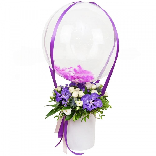 Vanda Orchid bud - 4, Spray rose: white, cream, light pink 50 cm - 7, lisianthus - 4, Round flower box small , Oasis, Film, Pistachio, Ruscus, Aspidistra (1 pc.), Flask for orchids, Eryngium, Blue Statice, Ribbon, Transparent balloon Bubble with filling