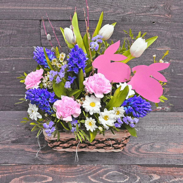 Blue Hyacinth - 8, Carnation white, cream - 5, Tulip white - 5, Ceramic pot, Blue Statice, Oasis, Ruscus, Pistachio, Bunch of willows, Figurine Easter Bunny (1 pc.), Small Basket