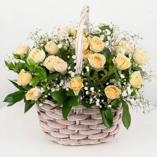 Spray rose: white, cream, light pink 50 cm - 9, Gypsophila - 1, Small Basket, Oasis, Pistachio, Ruscus