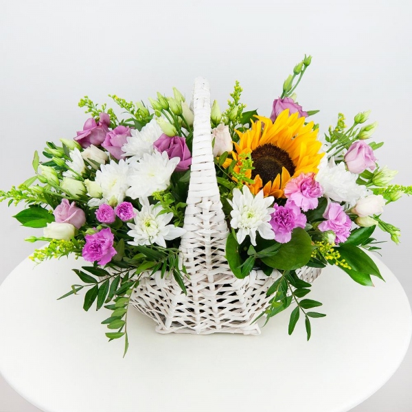 Sunflower - 1, Baltica White Spray Chrysanthemum - 3, Pink spray carnation - 3, Pink Lisianthus (Eustoma) - 2, Medium Basket, Oasis, Pistachio, Solidago (1 pc.)