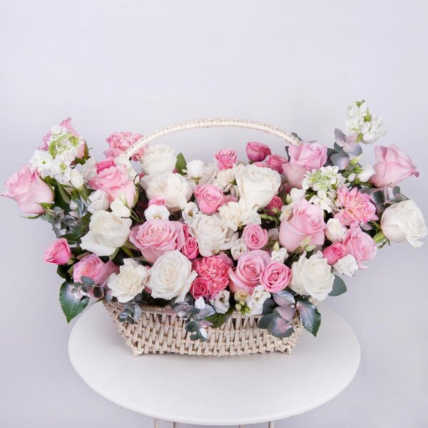 White Matthiola - 3, Pink rose 50 cm - 17, White rose 50 cm - 14, Pink carnation - 5, lisianthus - 5, Spray rose: white, cream, light pink 50 cm - 5, lisianthus - 5, Carnation white, cream - 4, Large Basket, Oasis, Eucalyptus Cinerea