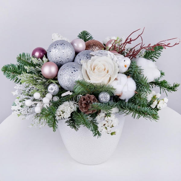 White rose 50 cm - 3, Ceramic pot, Oasis, Spruce branches (1pc.), Cotton bud, Christmas decor (set), White statice